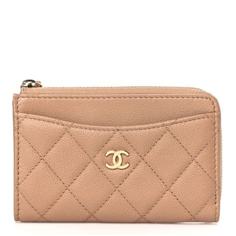 CHANEL Caviar Quilted CC Zip Around Card Holder Beige 